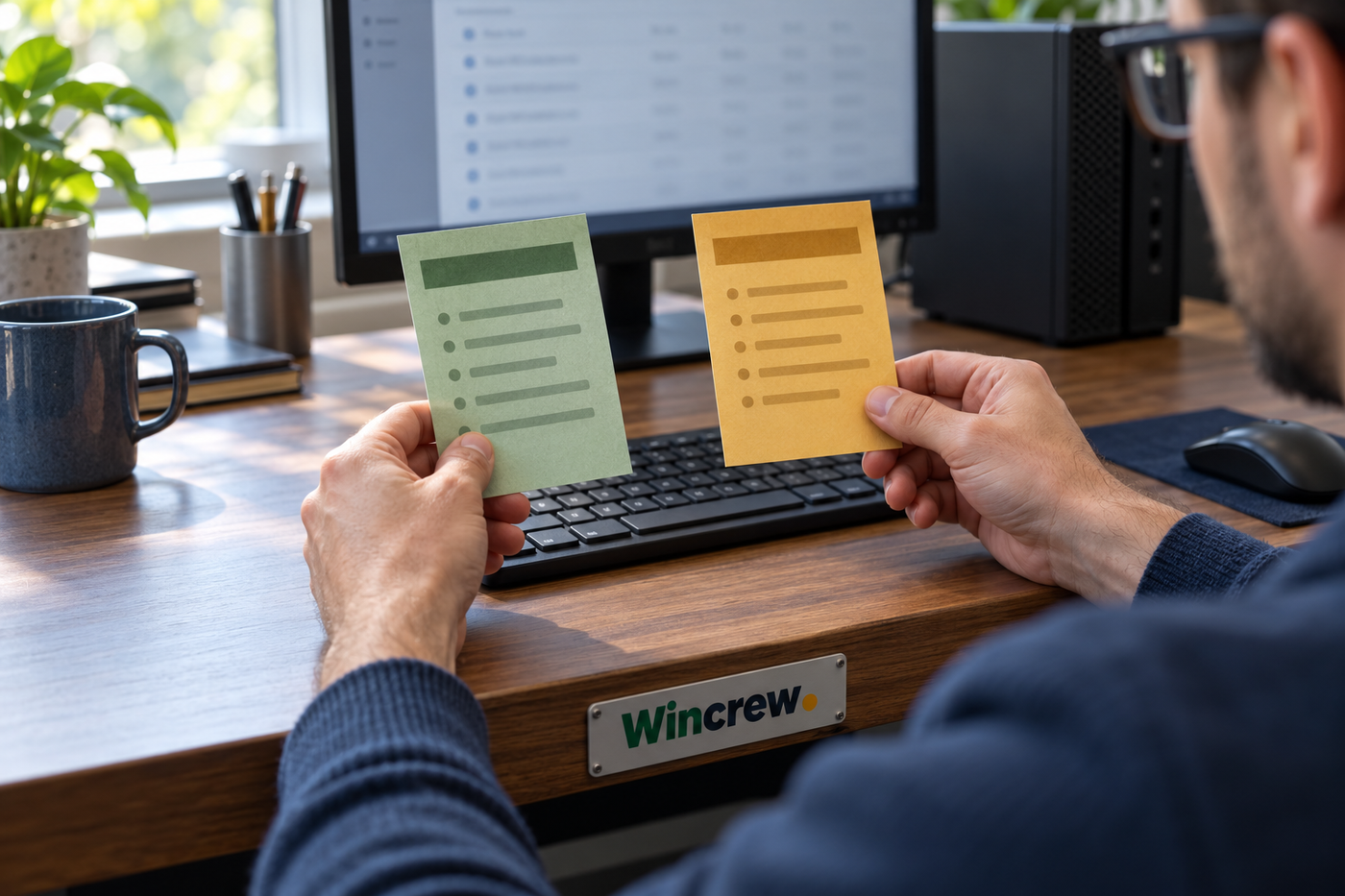 Dos tarjetas de versiones, una verde y otra ámbar, sostenidas frente a un equipo de escritorio; la placa del mueble lleva el wordmark Wincrew.