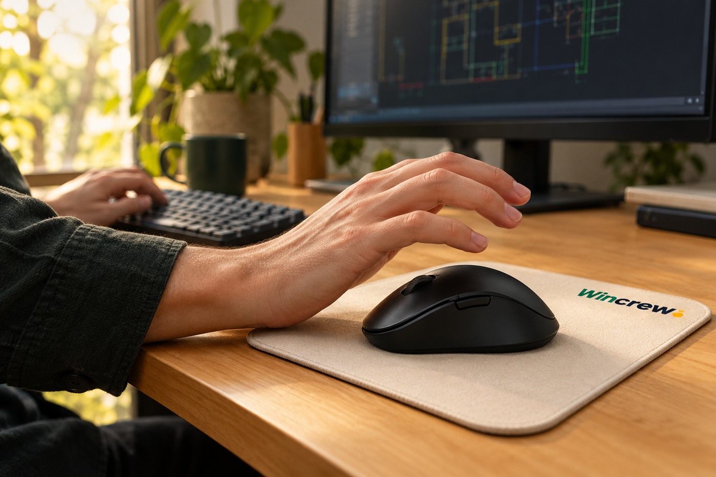 Mano levantada sobre un ratón ergonómico negro en un escritorio de madera, con teclado compacto y monitor desenfocado; la alfombrilla clara lleva el wordmark Wincrew.