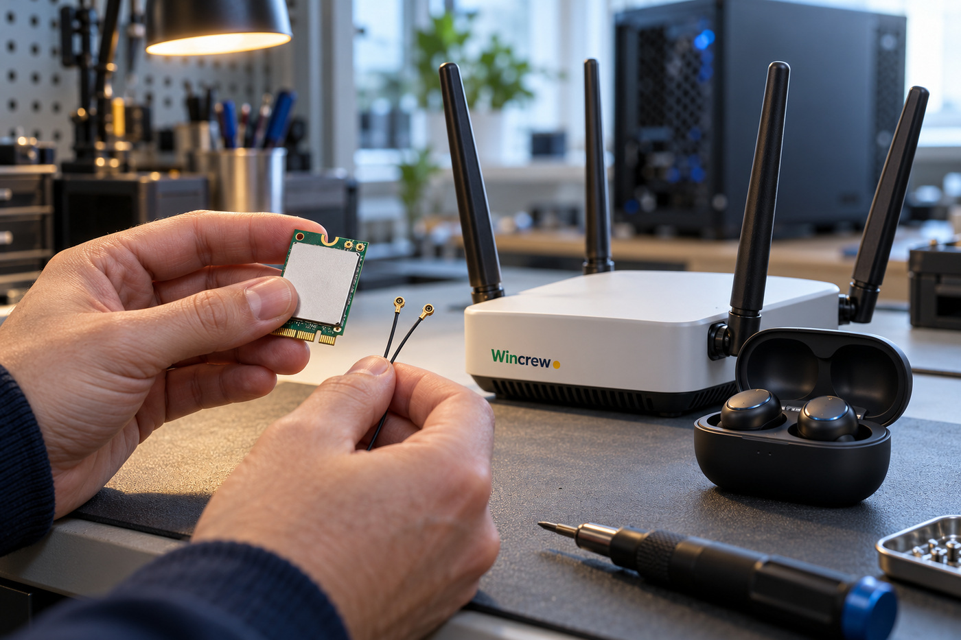 Técnico compara un adaptador inalámbrico y sus antenas junto a un router Wi-Fi y unos auriculares Bluetooth; el router lleva la marca Wincrew.