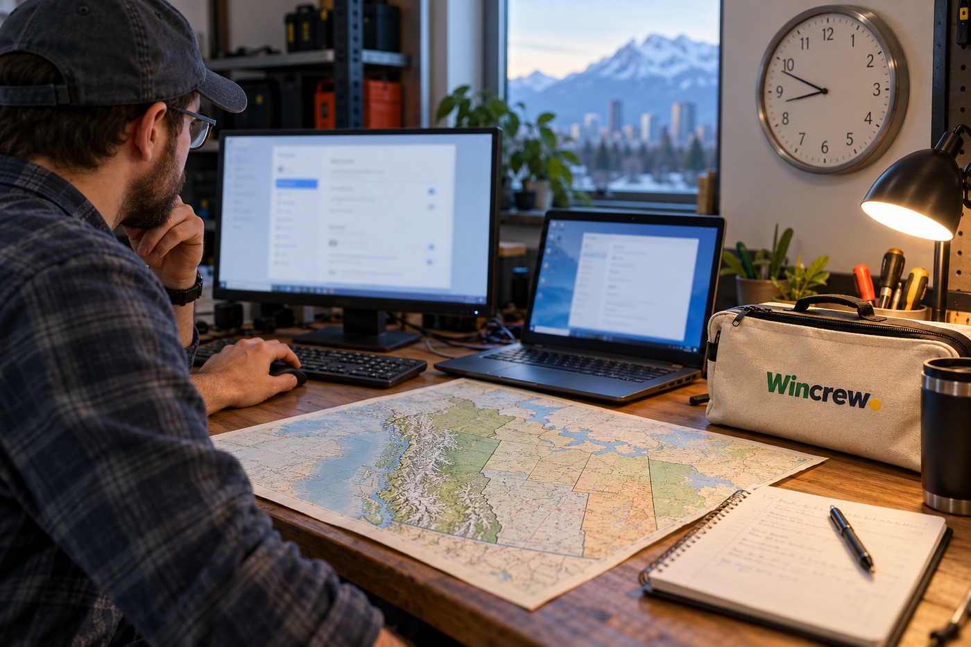 Un técnico compara dos equipos junto a un mapa de Canadá occidental y un reloj; la funda del escritorio lleva la marca Wincrew.