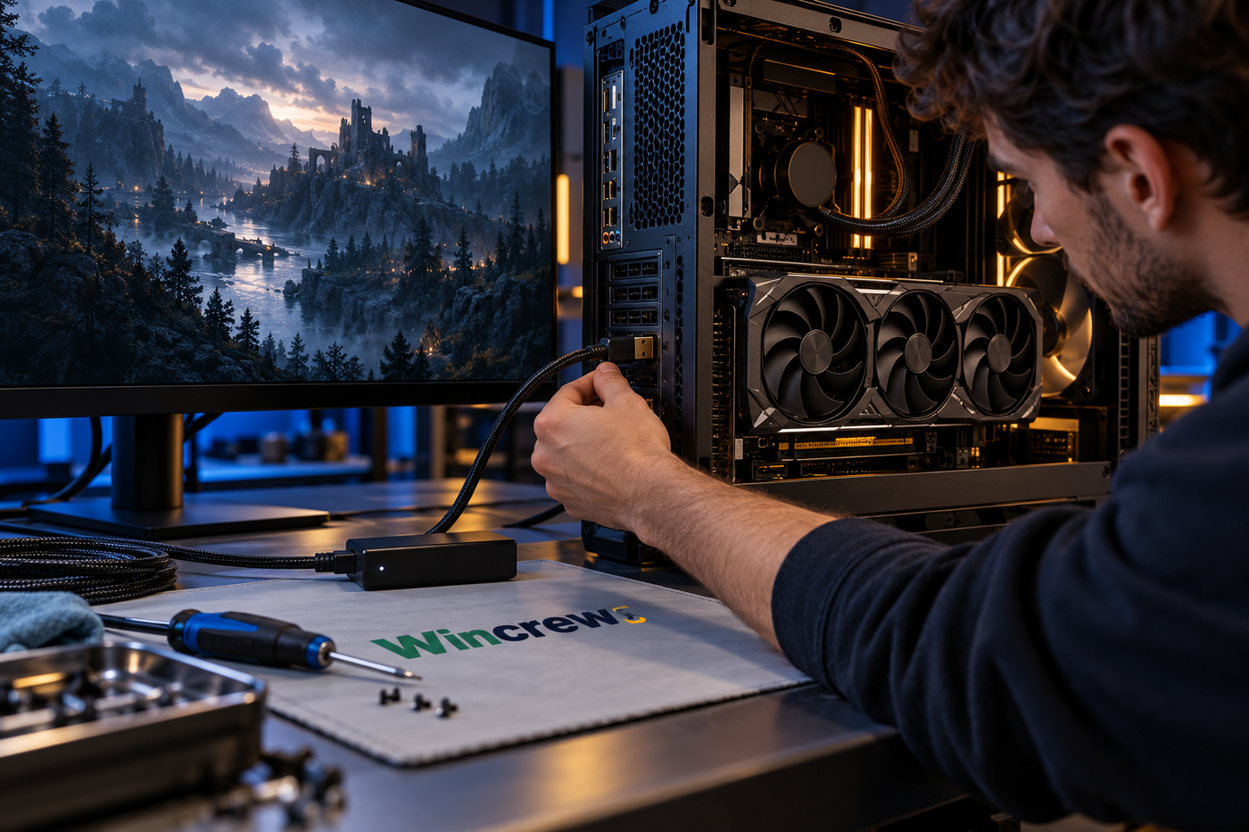 Técnico conecta un cable DisplayPort a un PC de sobremesa abierto con tarjeta gráfica de tres ventiladores; al fondo hay un monitor con un paisaje de juego y una alfombrilla Wincrew.