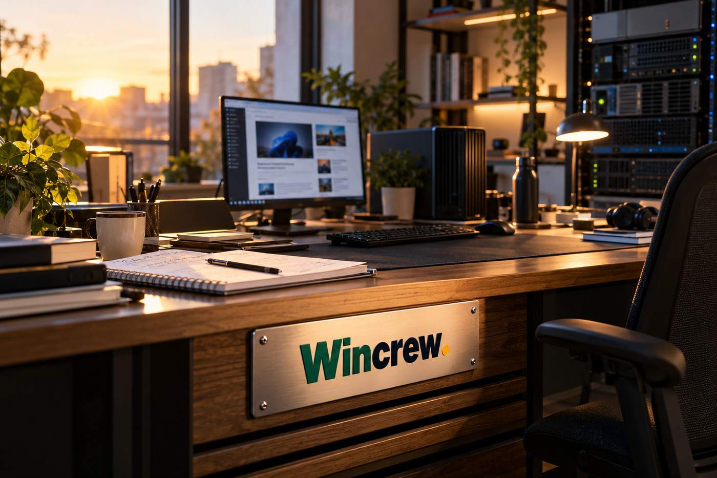 Estudio editorial de WinCrew iluminado por el amanecer, con un puesto de trabajo Windows, servidores y una placa Wincrew verde y azul con punto amarillo integrada en el escritorio.